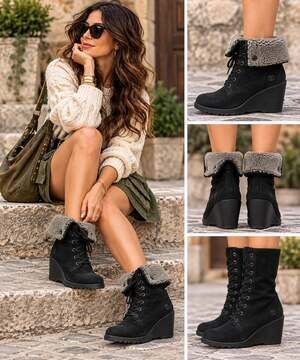 Timberland Earthkeepers Amston Roll-Top Teddy Sherpa Black Wedge Boots Sz 8.5